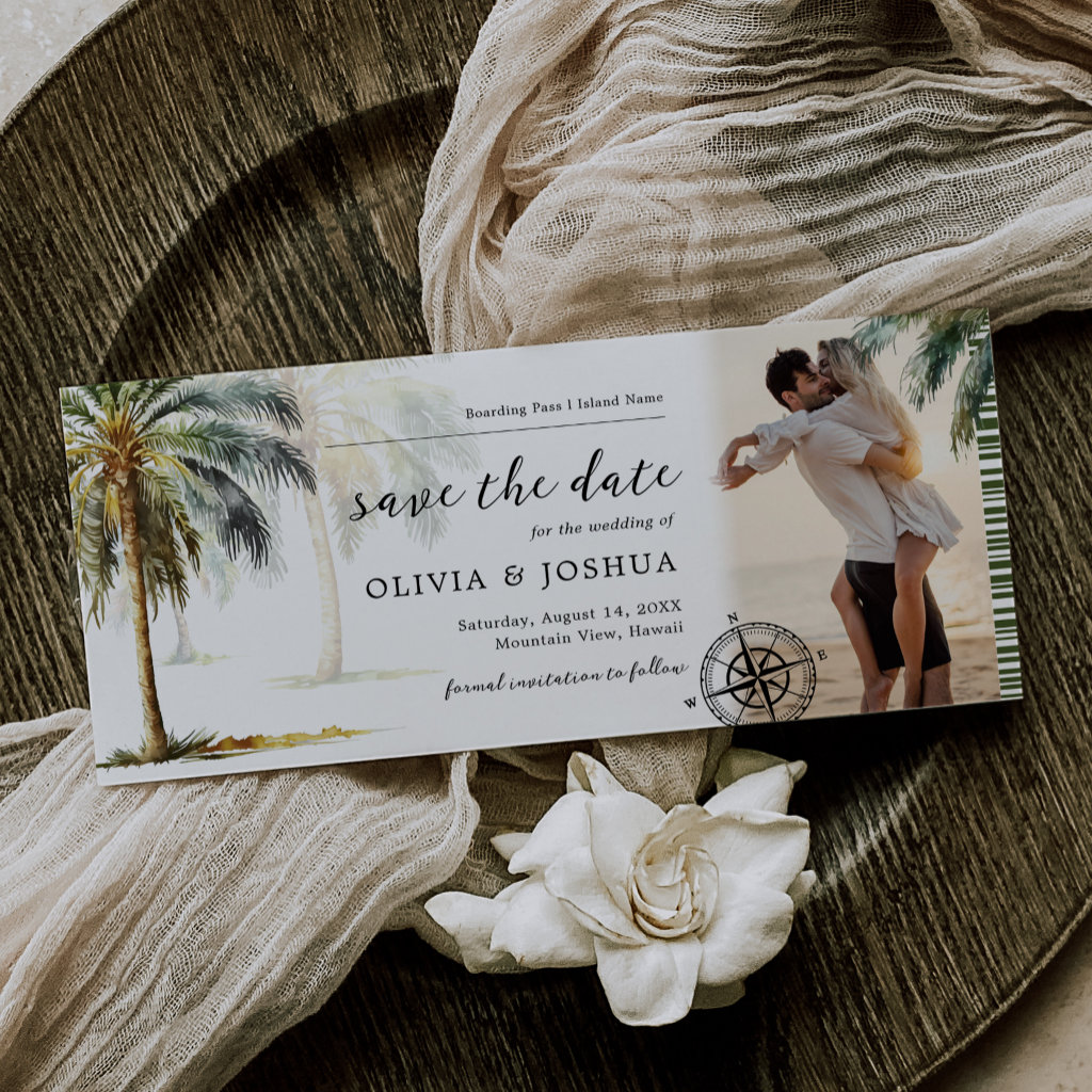 Save the Date Tropical Palm Tree Boarding Pass