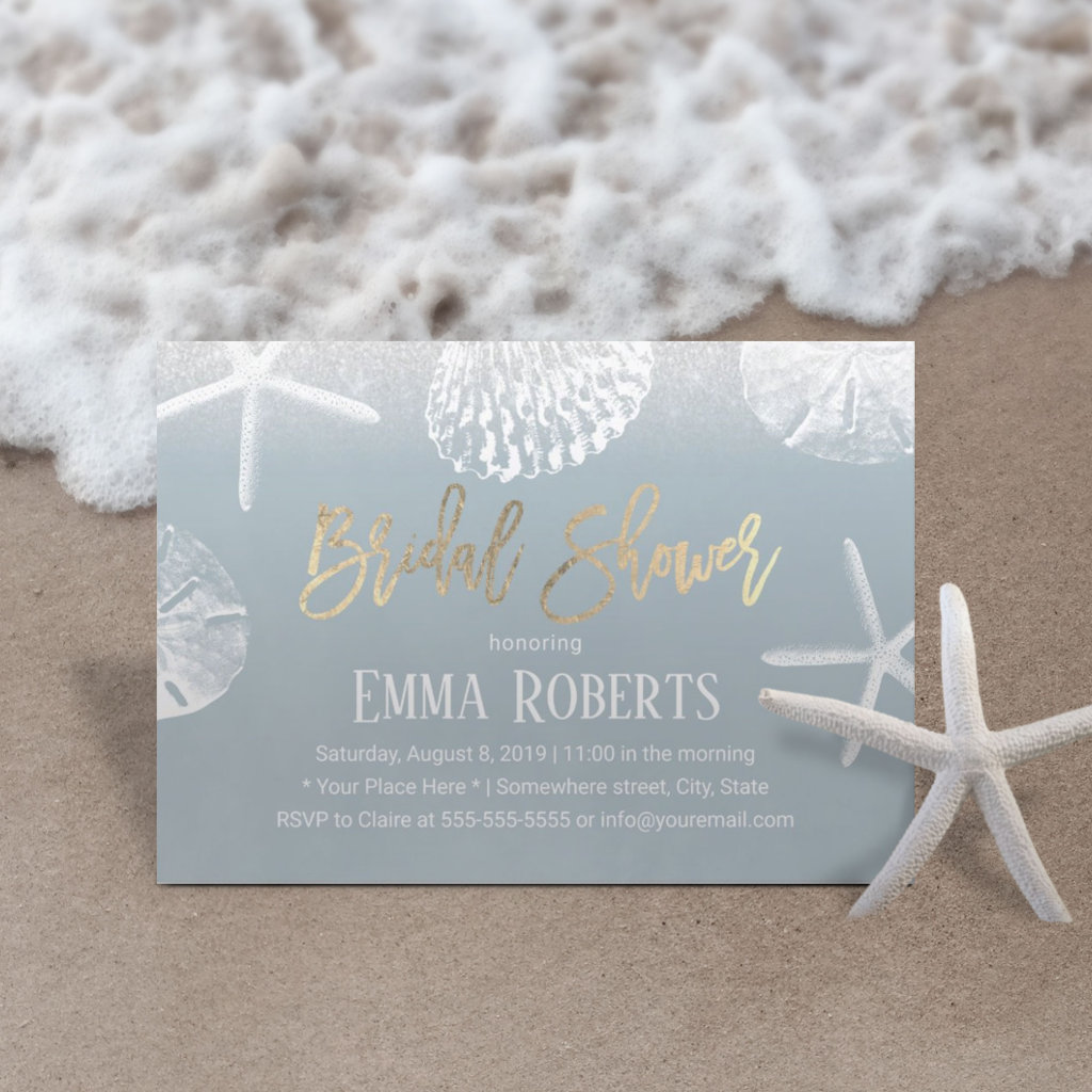 Beach Wedding Bridal Shower Dusty Blue Seashells Invitation