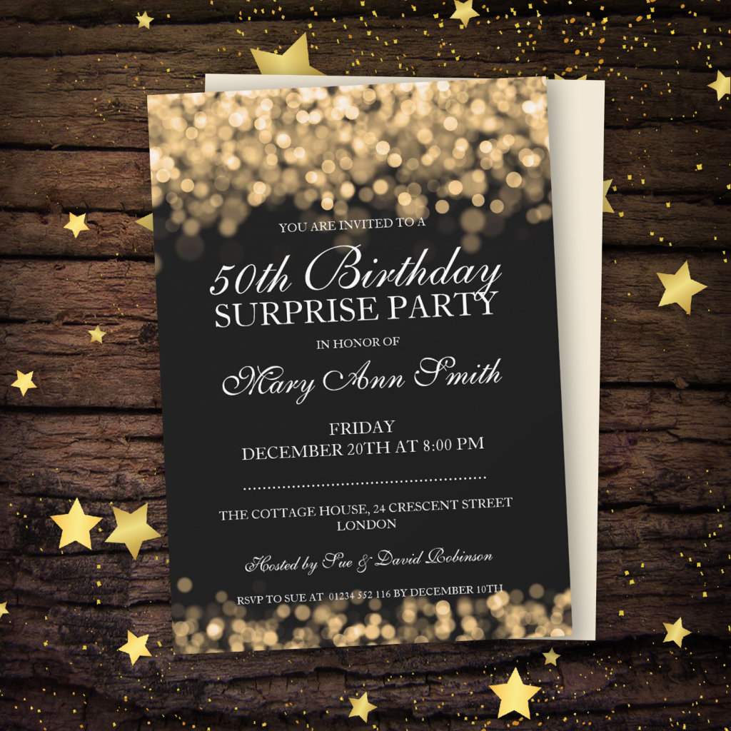 50th Surprise Birthday Party Gold Lights Invitation