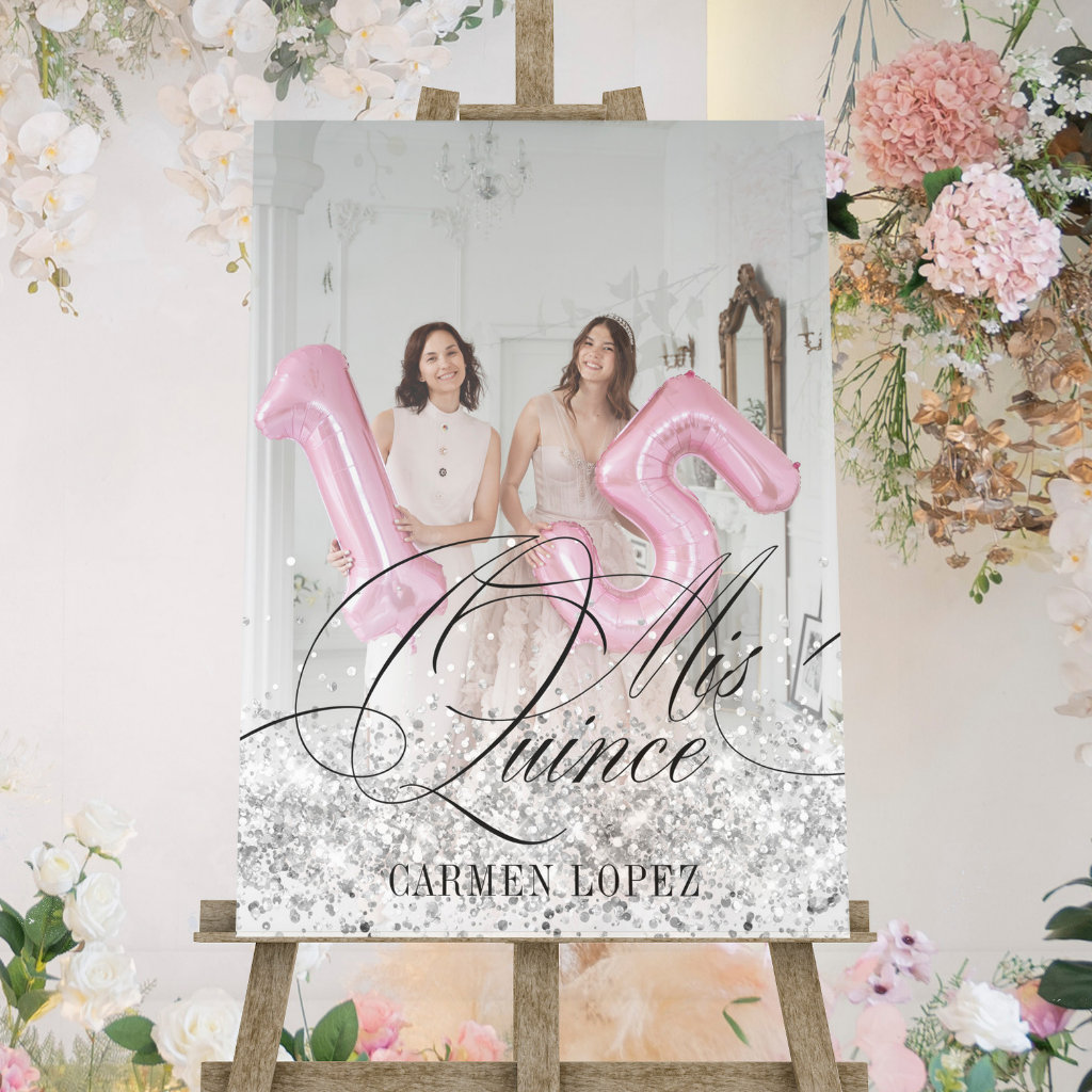 Chic Silver Glitter Quinceanera Photo Welcome Sign
