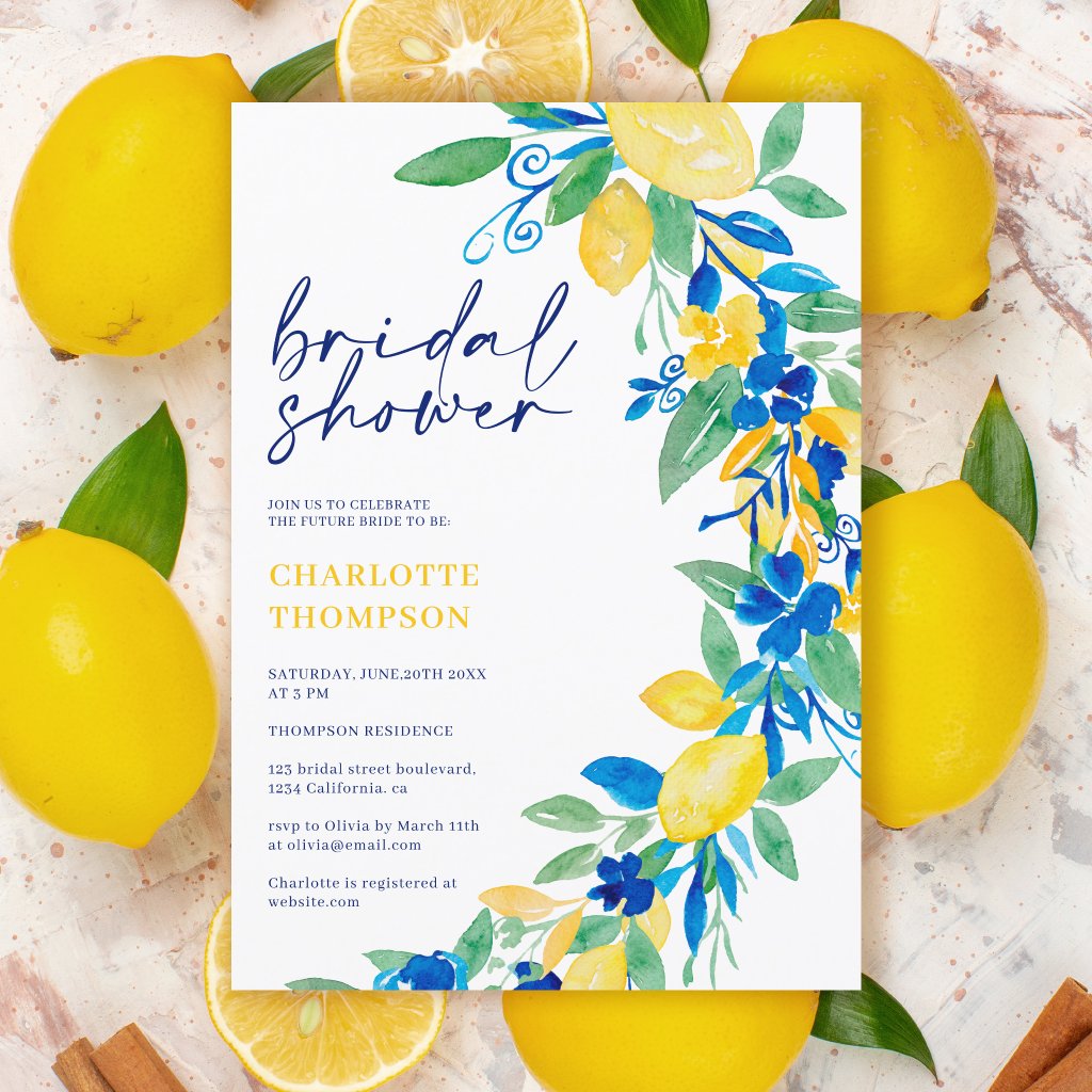 Italian lemon blue floral script bridal shower invitation