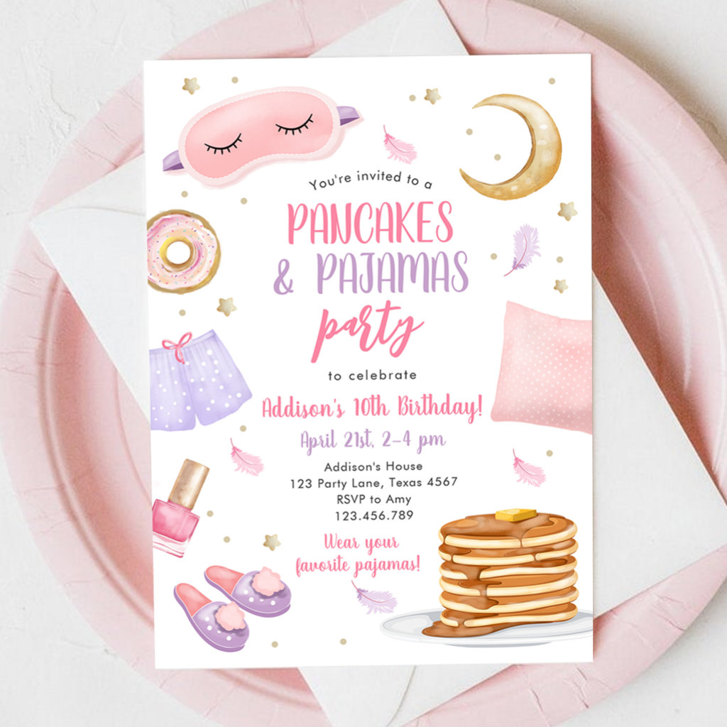 Pancakes Pajamas Sleepover Slumber Party Birthday Invitation