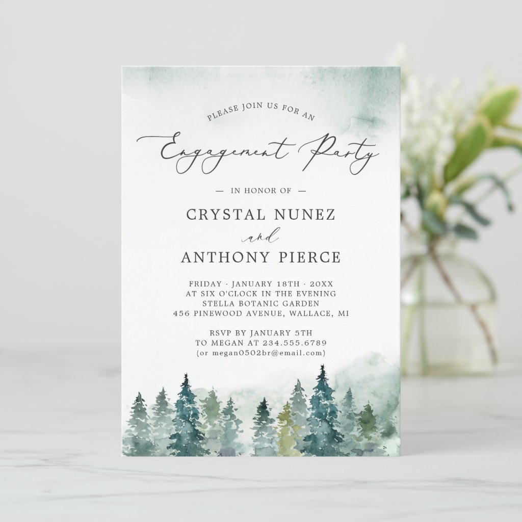 Serene Winter Forest Pine Trees Engagement Party Invitation