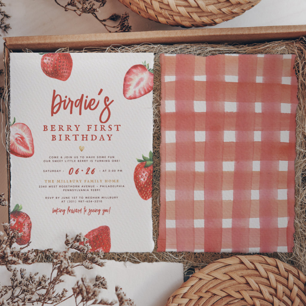 Berry First | Cute Strawberry Girl 1st Birthday Invitation