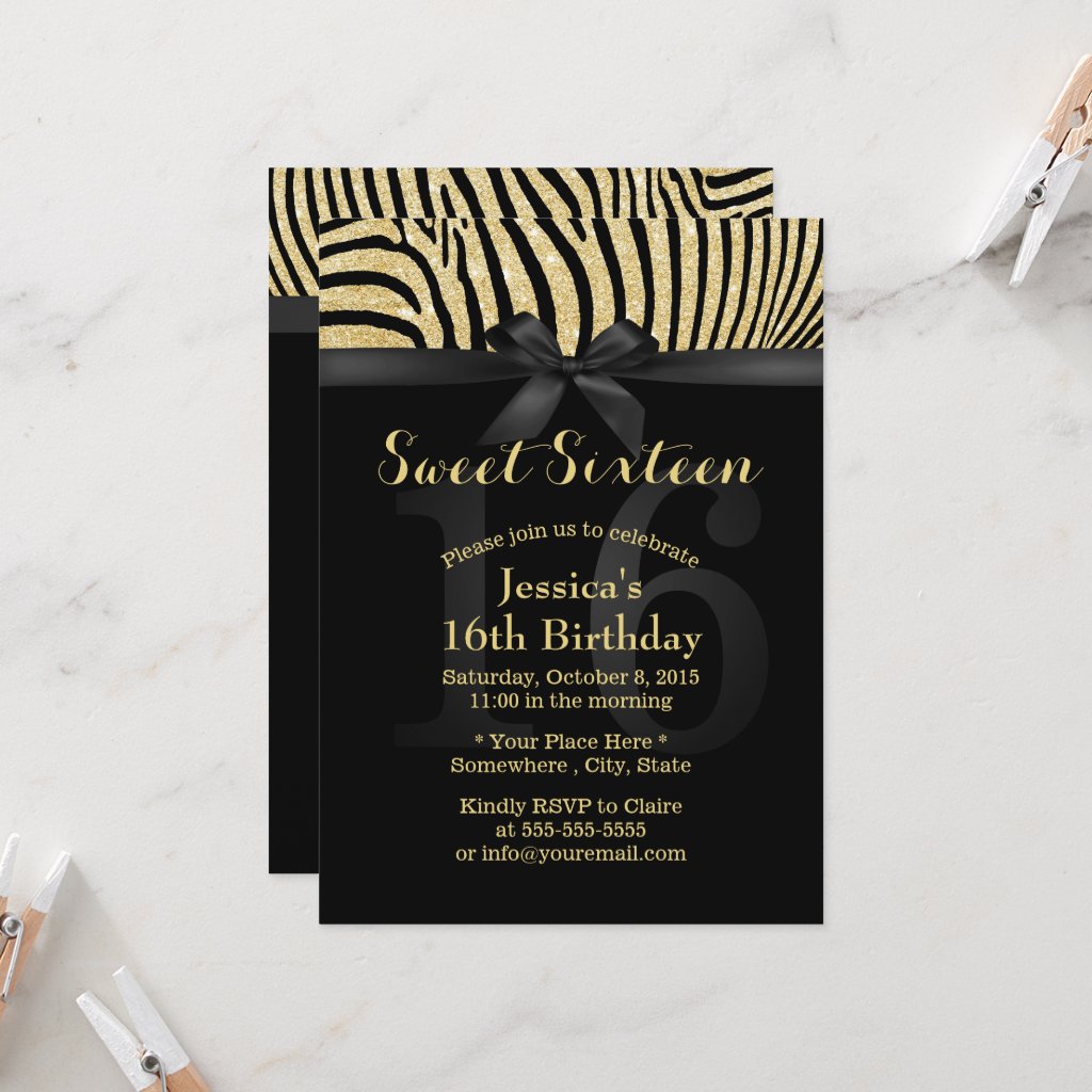 Gold Zebra Stripes Modern Sweet 16 Invitation