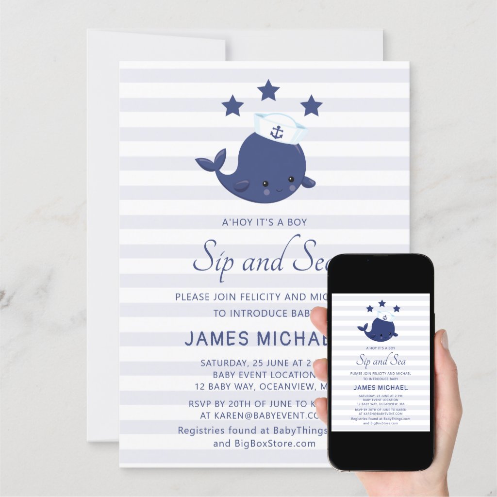Nautical Sip And See Blue Whale Baby Shower Invitation