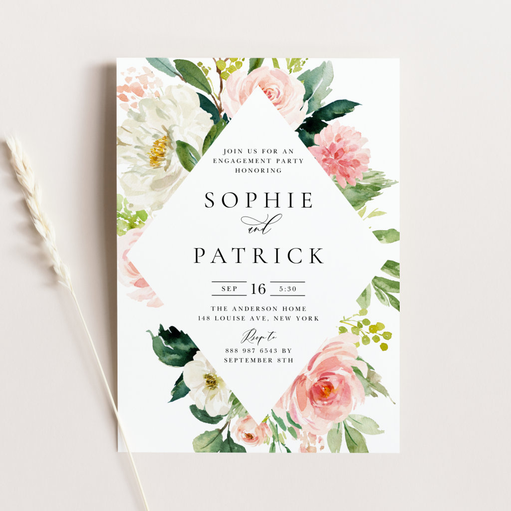 Pretty Spring Floral Frame Engagement Party Invitation