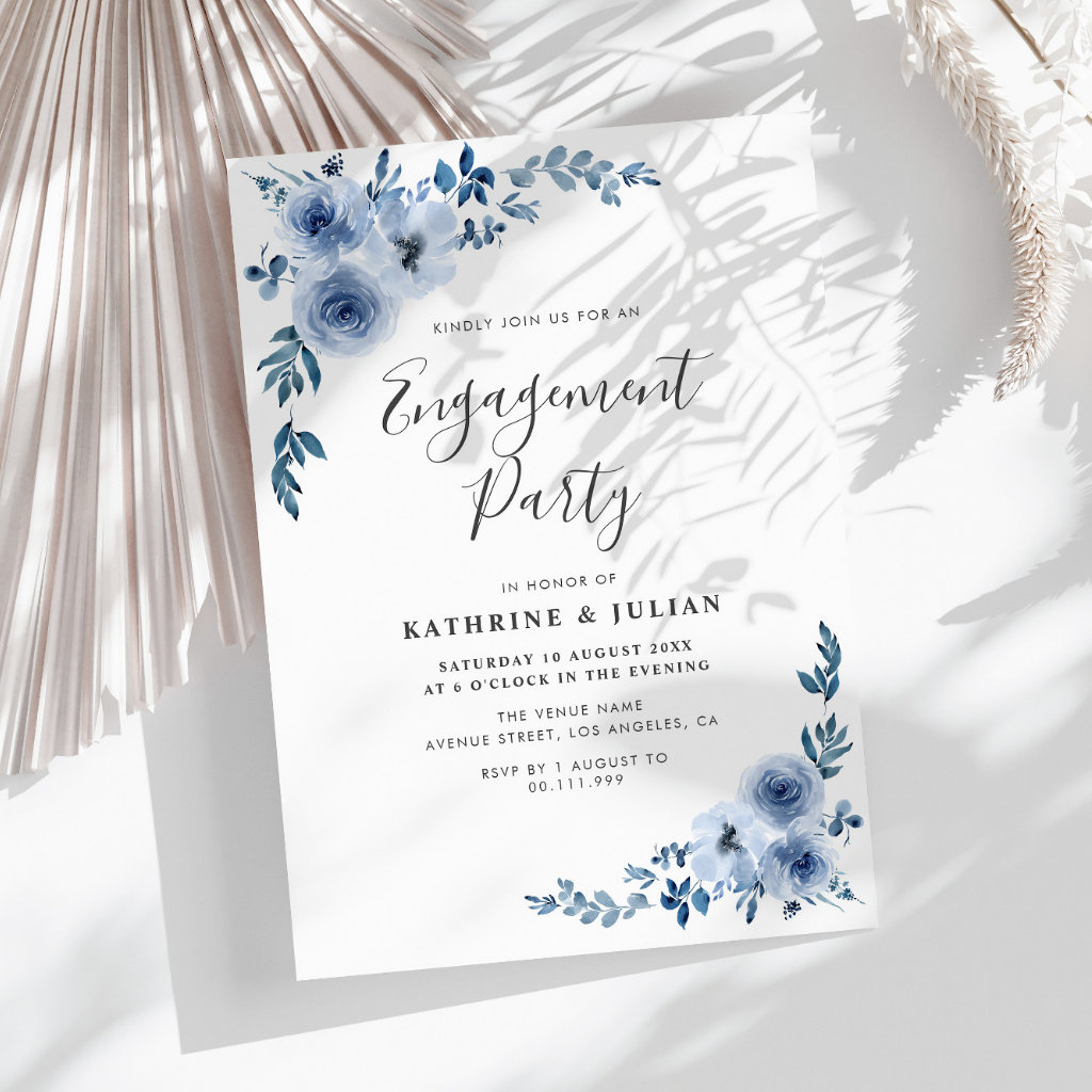 dusty blue floral wreath engagement party invitation