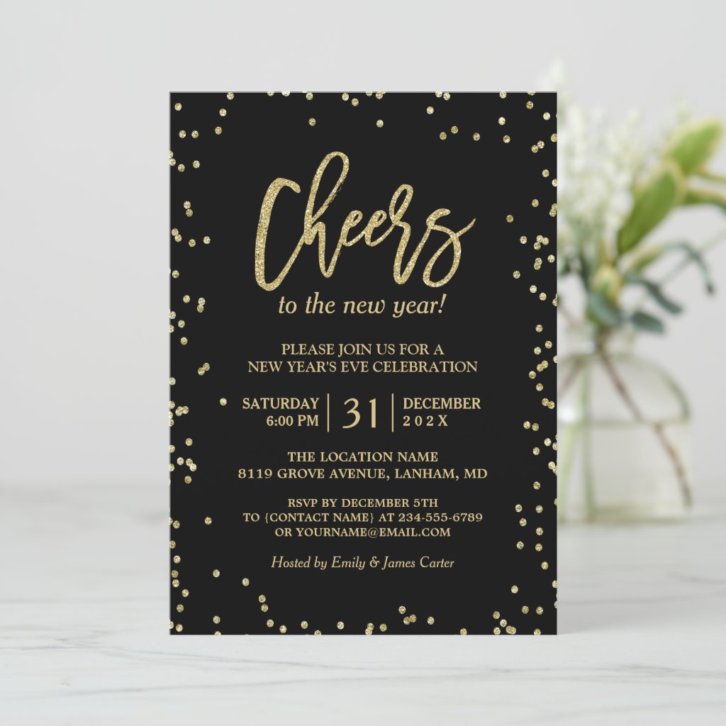 Trendy Gold Glitter Cheers New Year's Eve Party Invitation