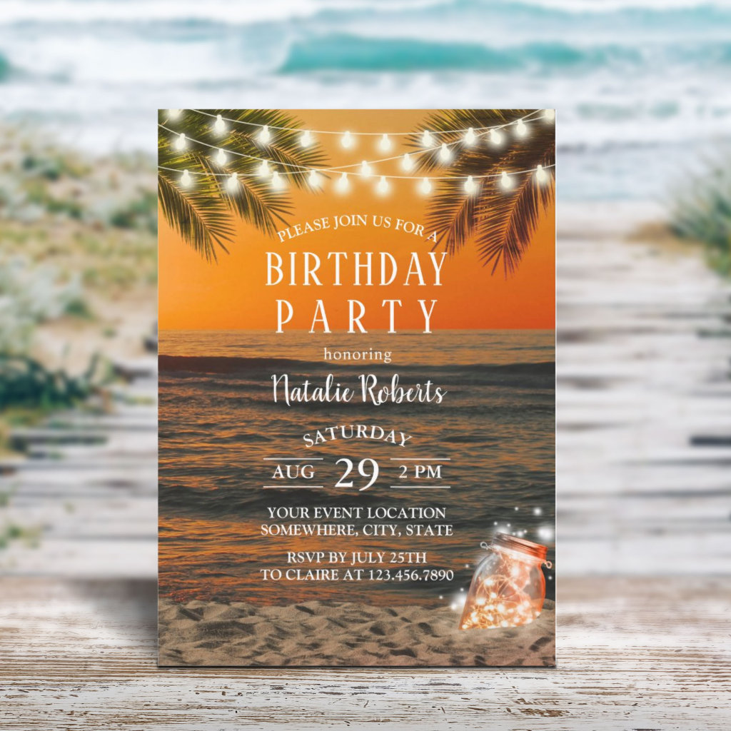 Tropical Summer Sunset Beach Mason Jar Birthday Invitation