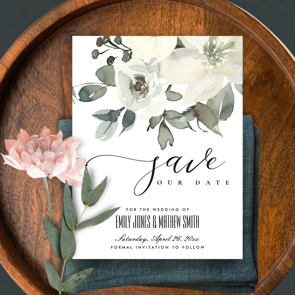 SUBTLE SOFT IVORY WHITE FLORAL BUNCH SAVE THE DATE ANNOUNCEMENT POSTCARD