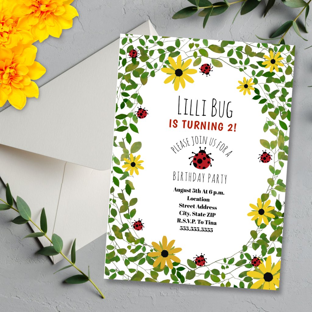 Lady Bugs + Wildflowers Girls Birthday Party Invitation