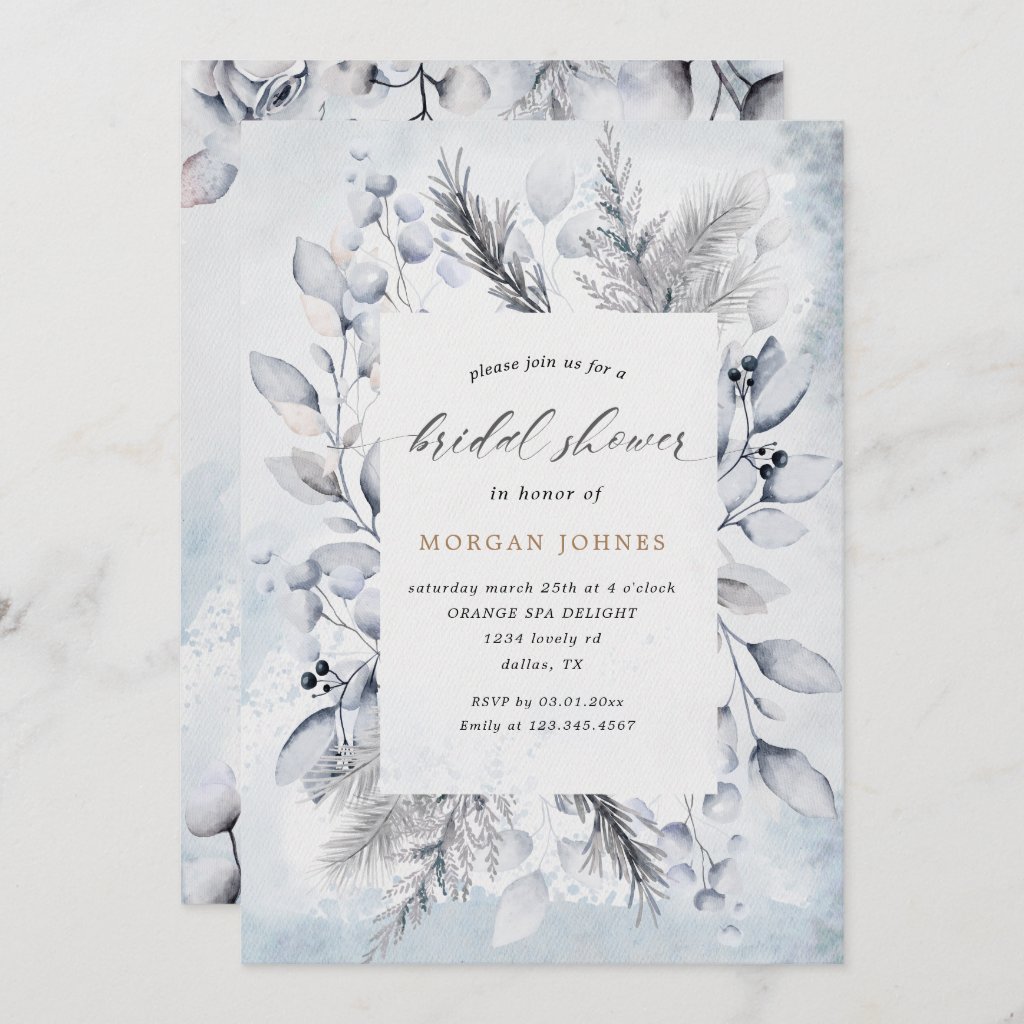 winter blue elegant floral bridal shower invite