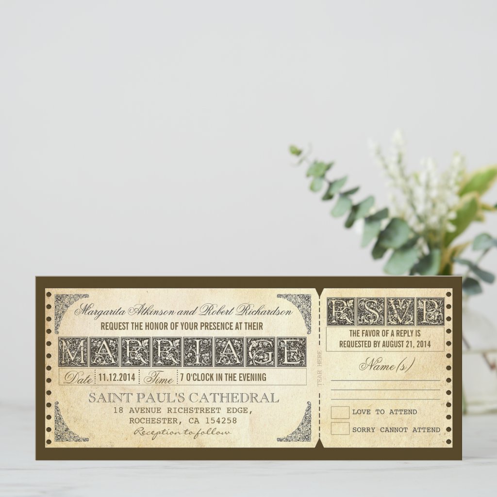 wedding antique ticket invitation & rsvp design