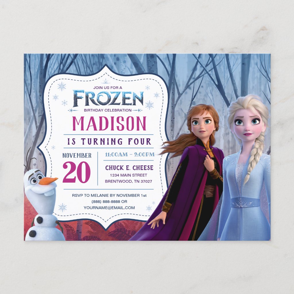 Frozen 2 - Anna, Elsa & Olaf Birthday Party Invitation Postcard