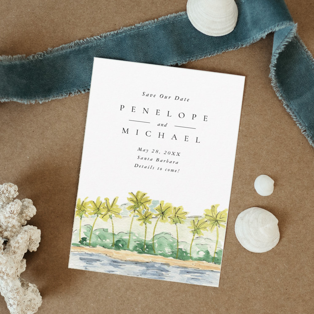 Beach Palm Trees Tropical Watercolor Wedding Save The Date