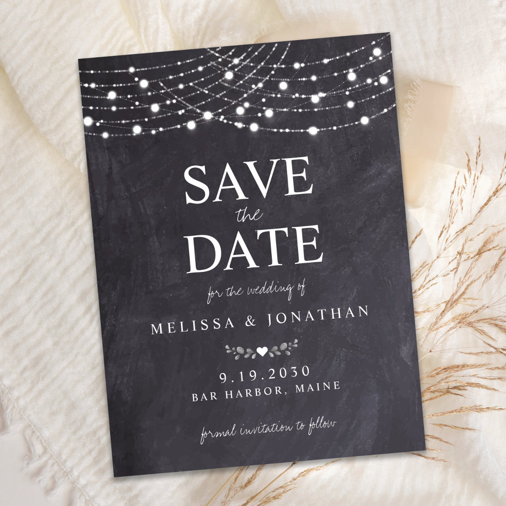 Rustic Slate String Lights Wedding Save The Date Note Card