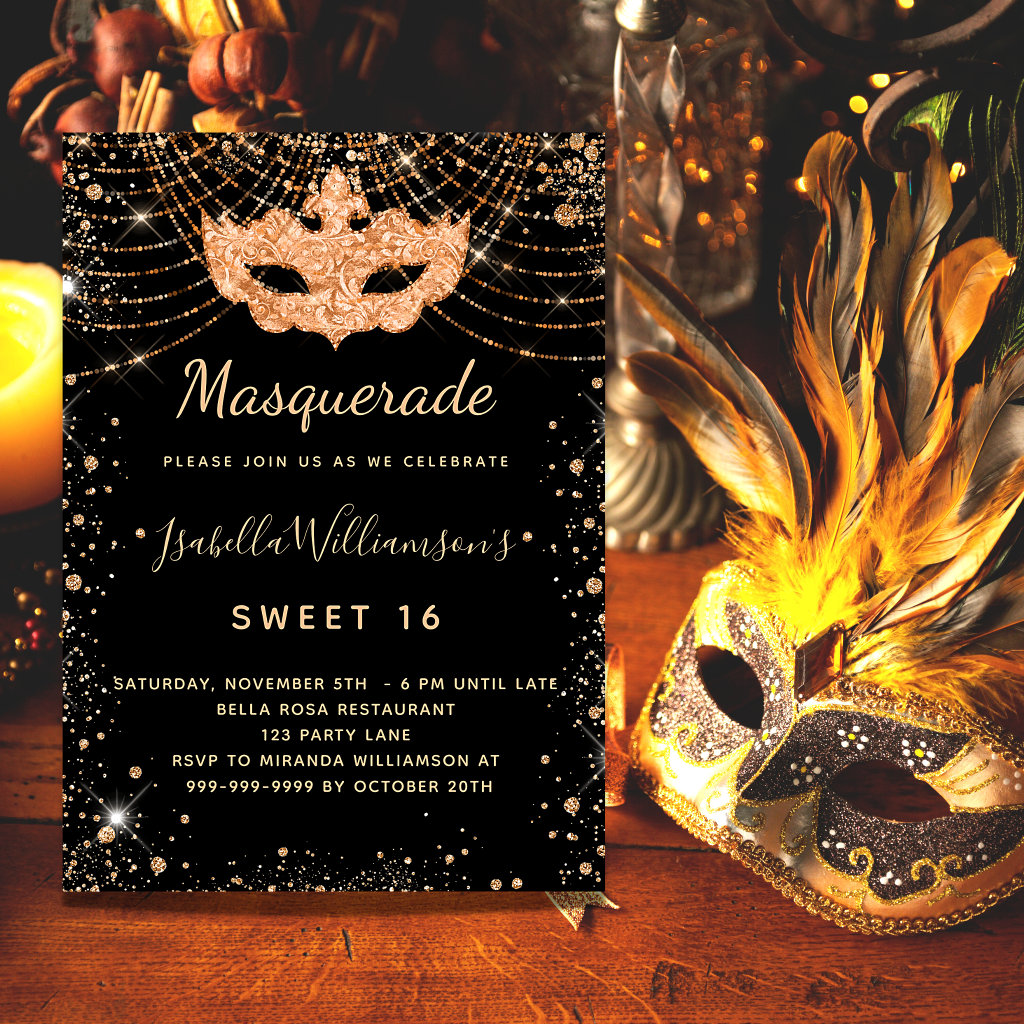 Masquerade black gold glitter dust Sweet 16 Invitation