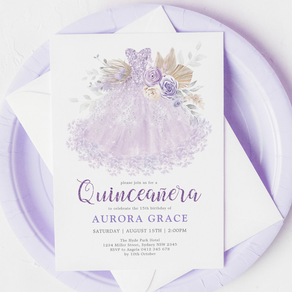 Boho Purple Lilac Quinceañera Princess Dress Invitation