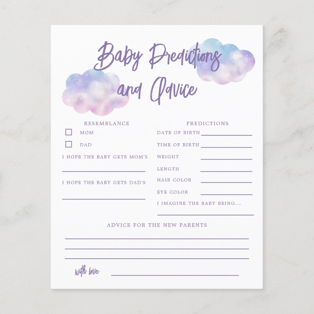 Dreamy Cloud Girl Baby Predictions & Advice Card