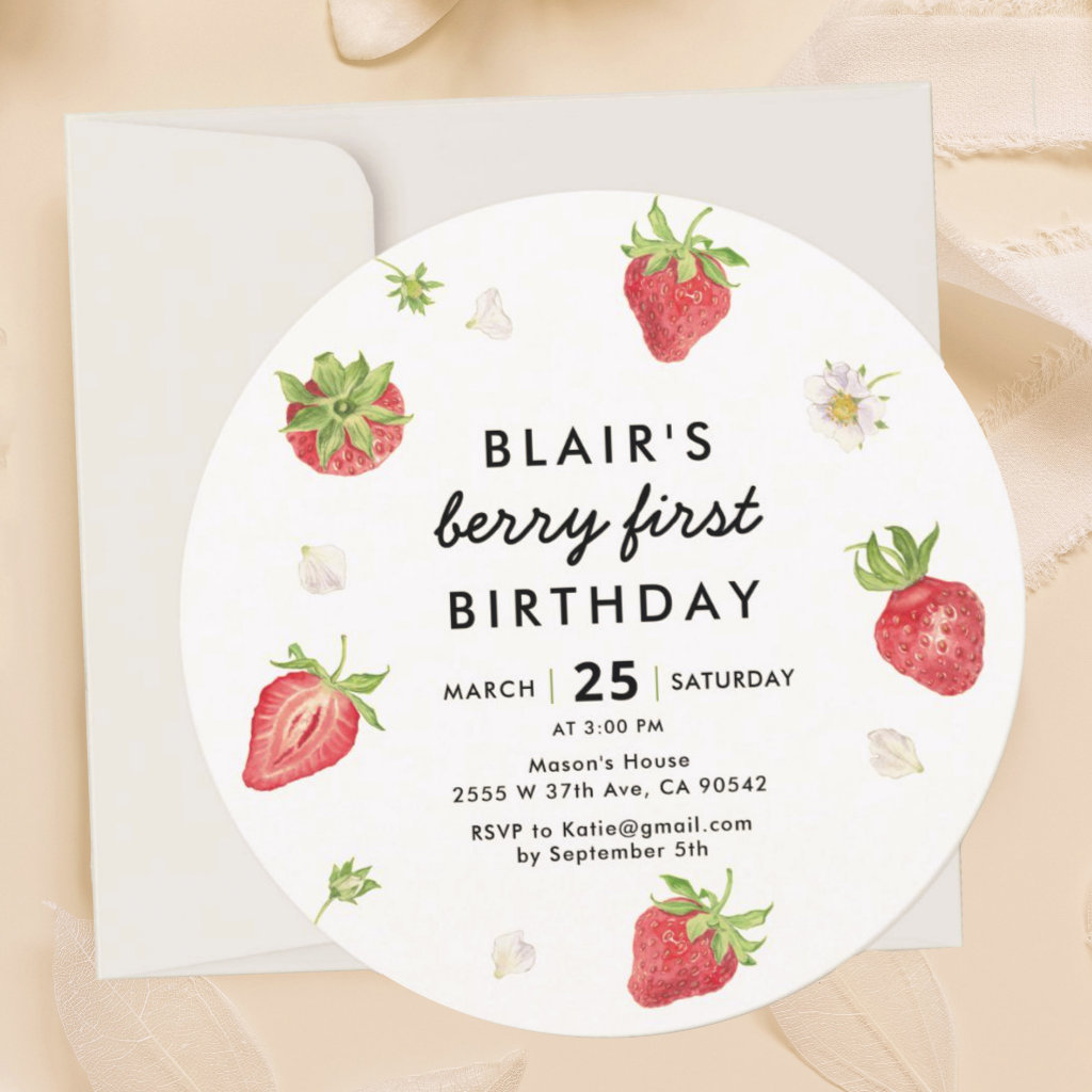 Strawberry Berry First Girl 1st Birthday Round Invitation