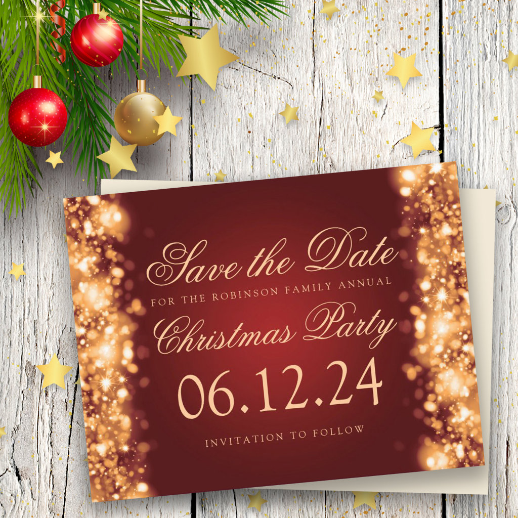 Christmas Save The Date Sparkling Lights Gold Red Announcement Postcard