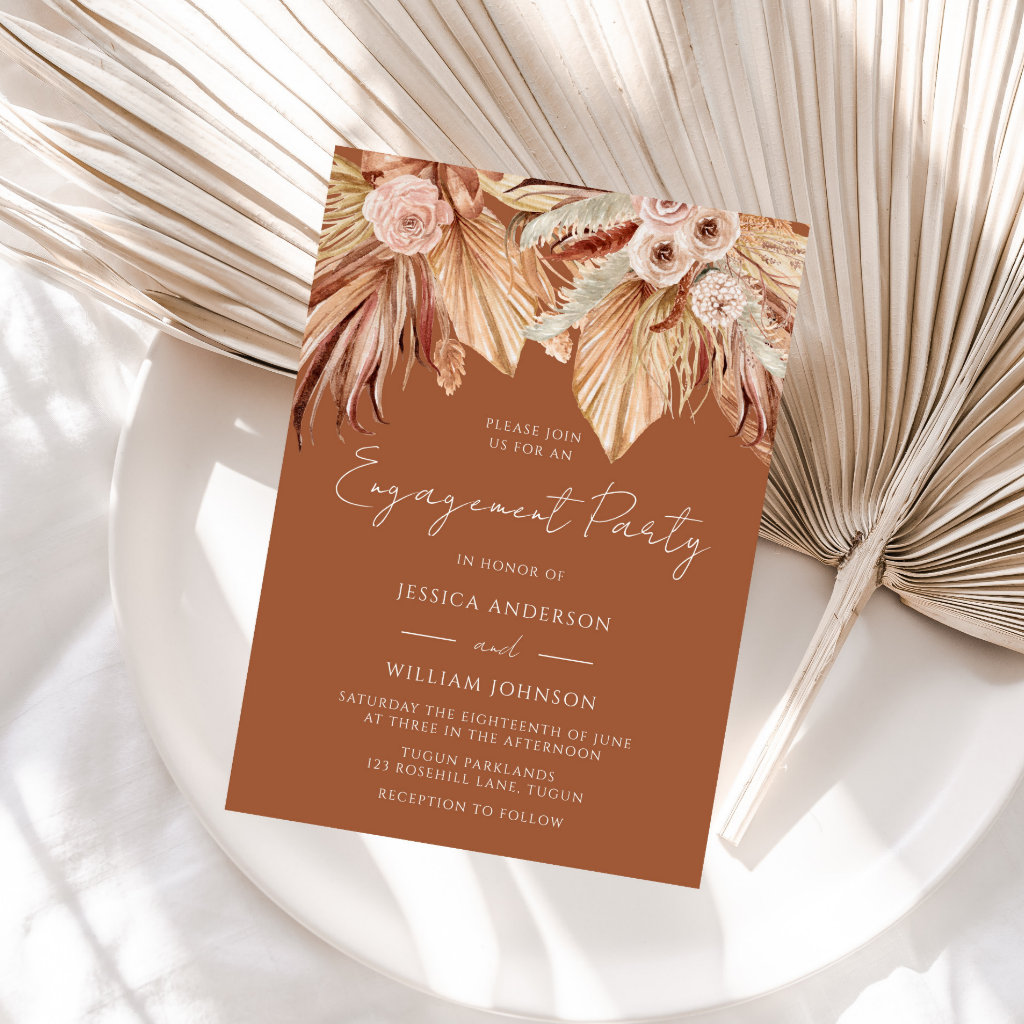 Boho Terracotta Dried Floral Engagement Party Invitation