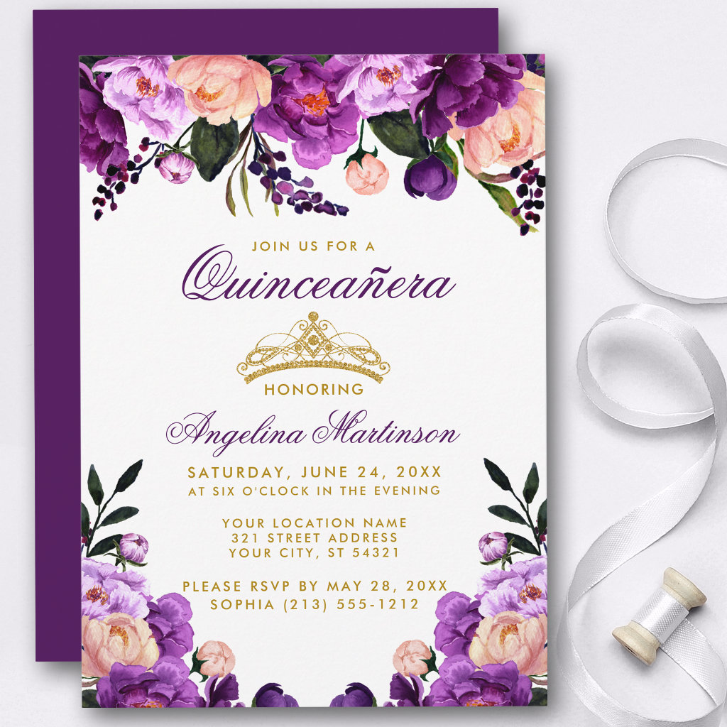 Quinceanera Purple Floral Gold Crown Invitation