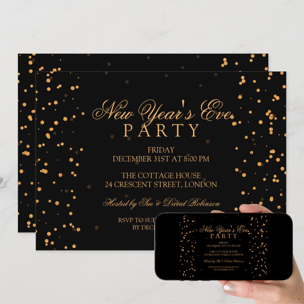 New Years Eve Party Gold Confetti Dots Invitation