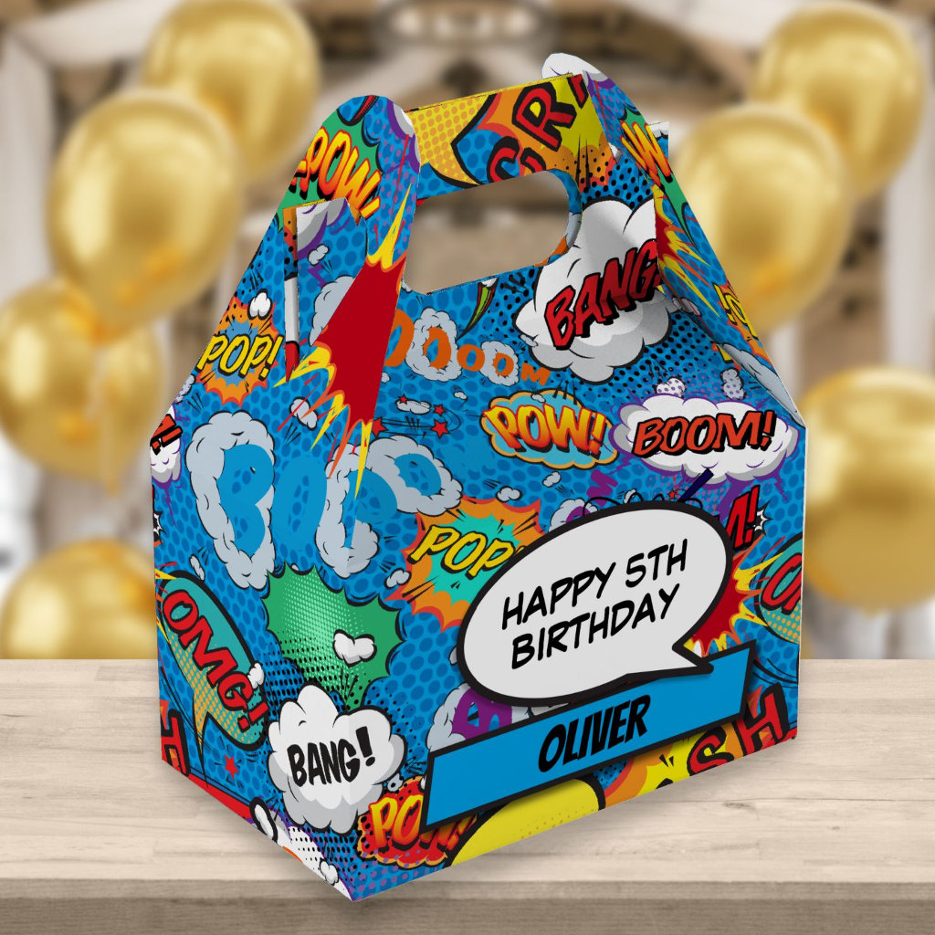Comic Book Superhero Blue Birthday Party Favor Box