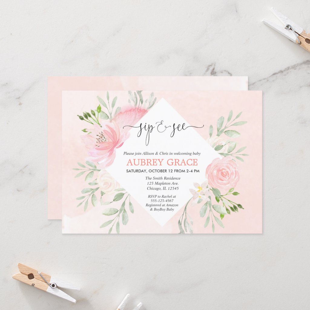 Sip and See girl baby shower Floral blush pink Invitation