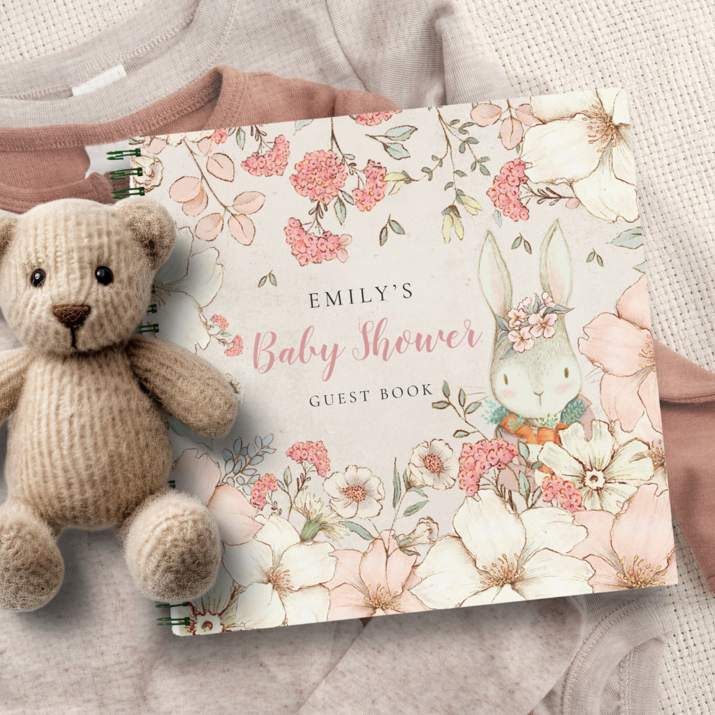 Cute Bunny Floral Baby Shower Alternate Guest Book