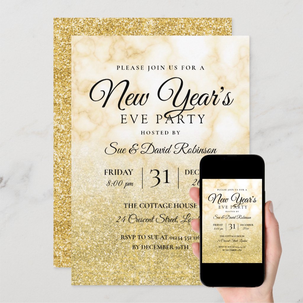 Gold Glitter New Years Eve Party Marble Invitation