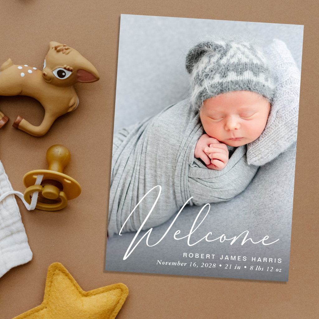 Welcome Photo Collage White Script Birth Announcement