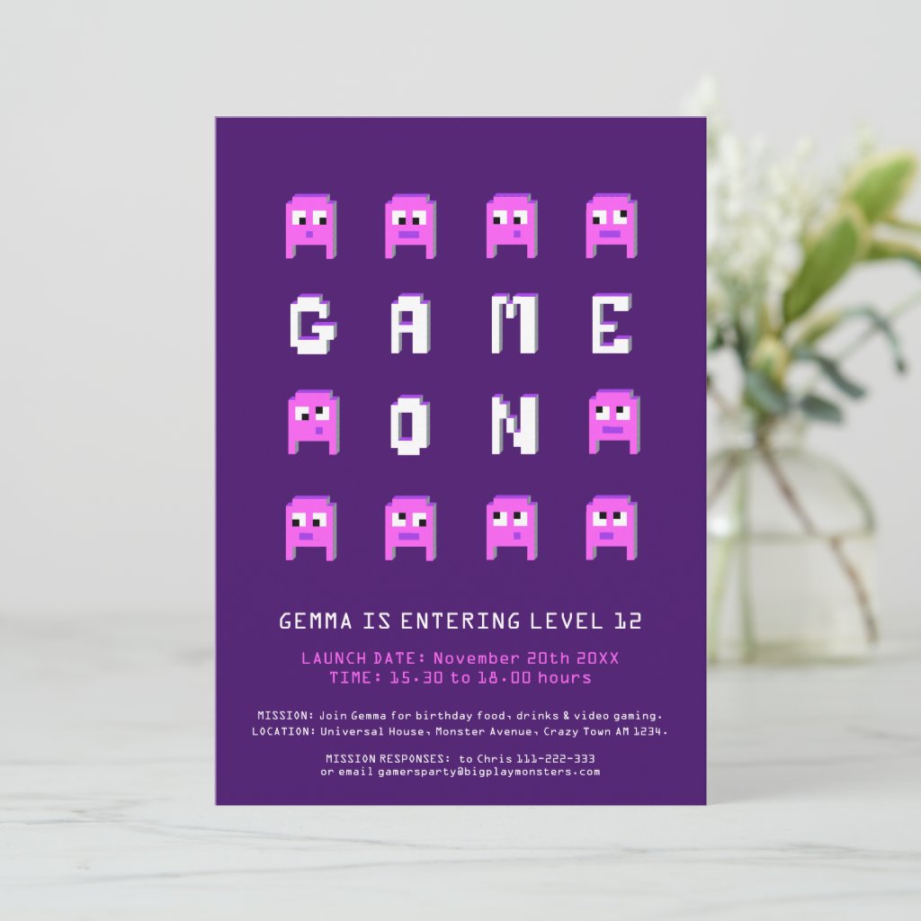 Game on pink girls gaming 12th birthday party invitation
