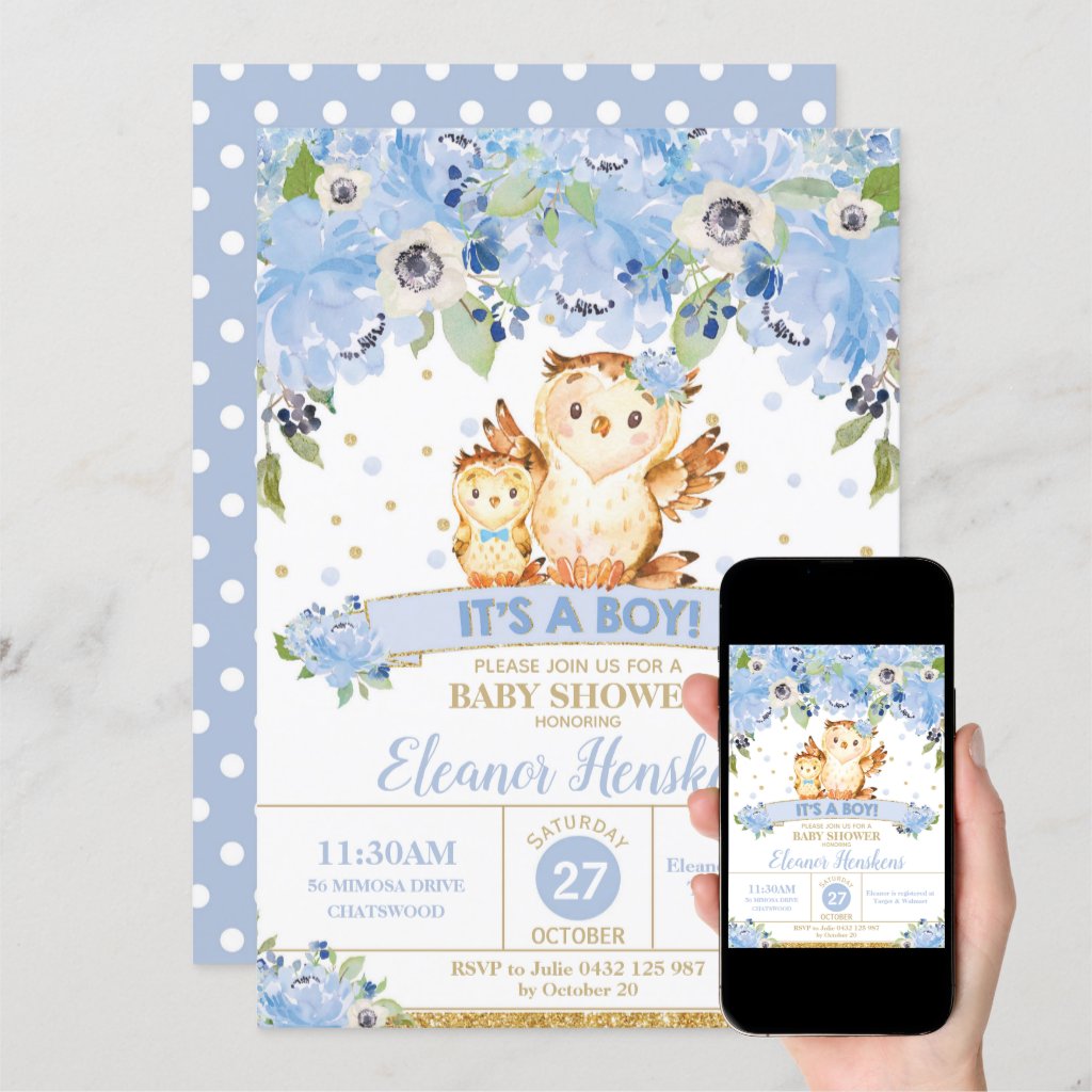 Owl Floral Baby Shower Blue Flowers Baby Boy Invitation