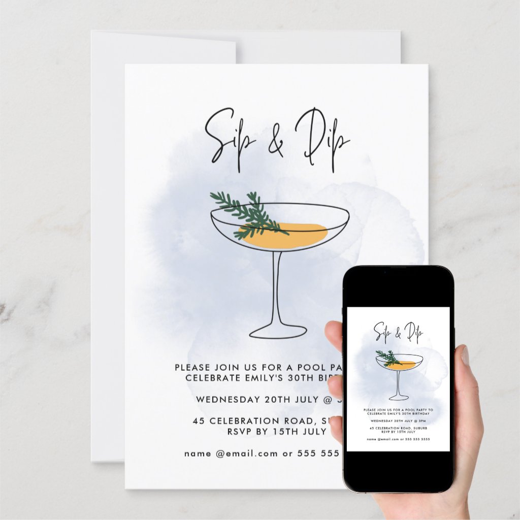 Watercolor Cocktail Pool Party 30th Birthday Invitation