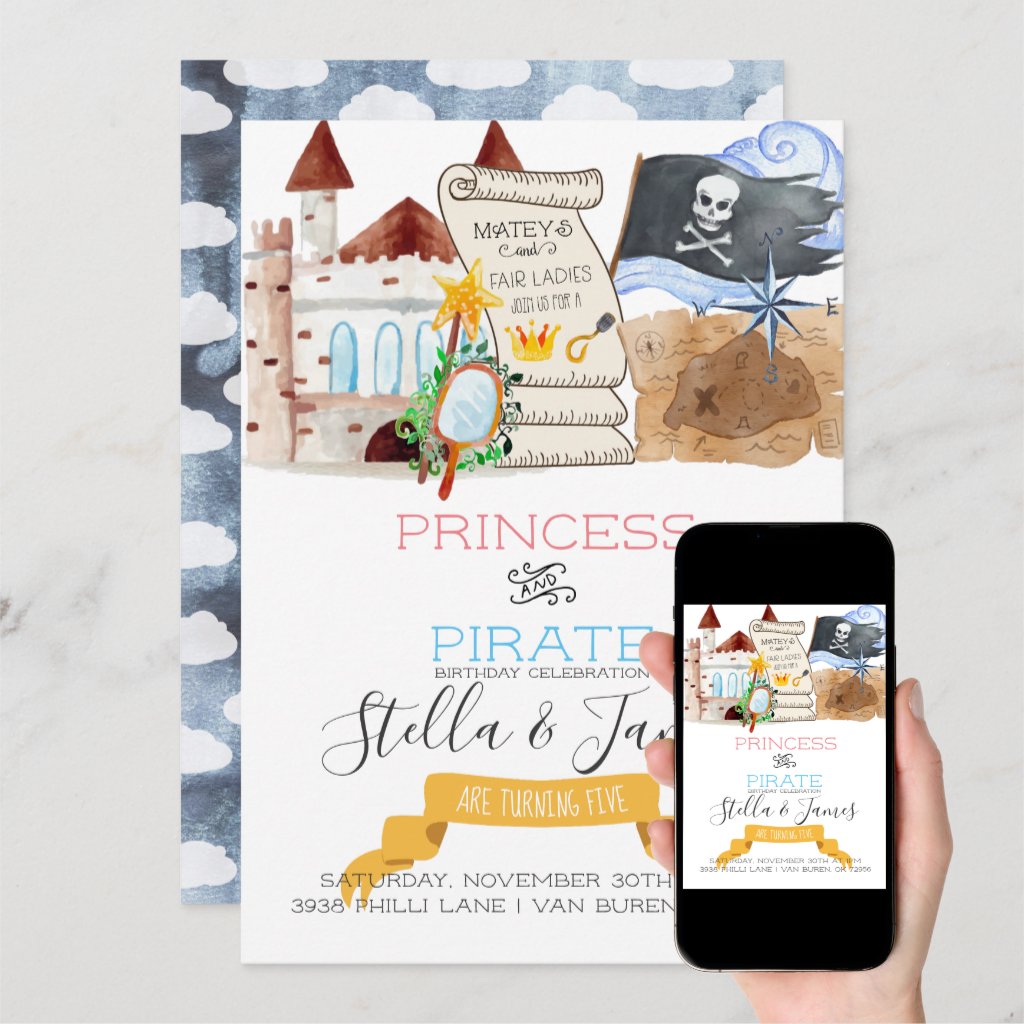 Princess & Pirate Joint Birthday Party Invitation