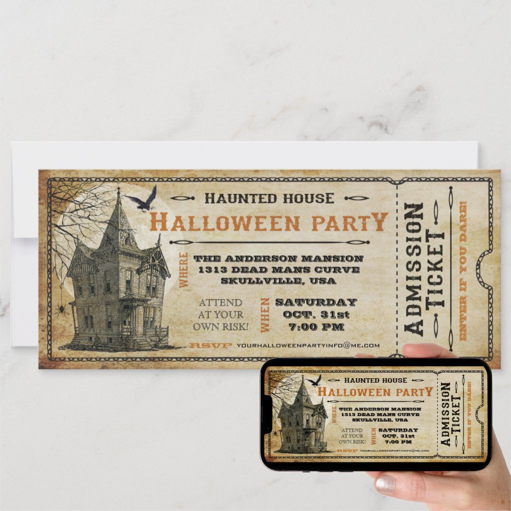 Vintage Haunted House Halloween Party Ticket I Invitation