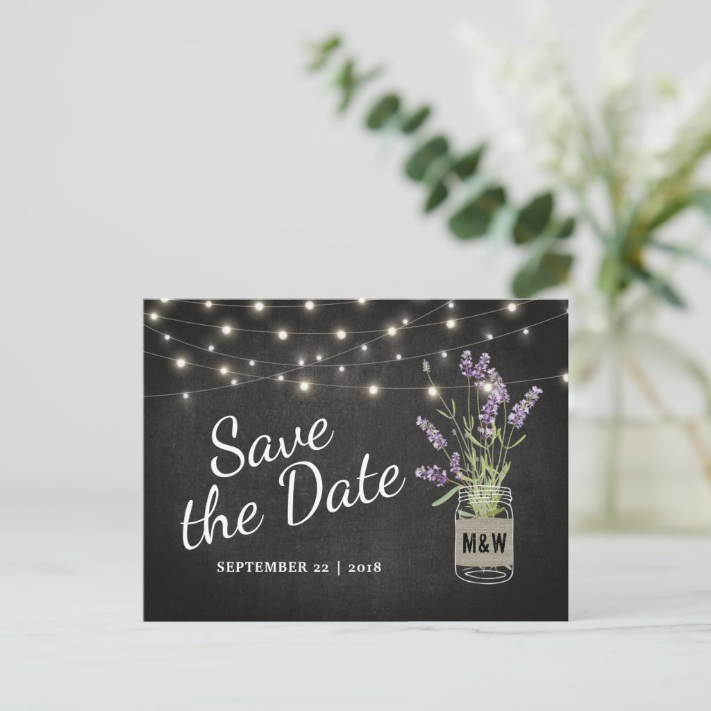 Rustic Lavender Mason Jar Lights Save the Date Announcement Postcard