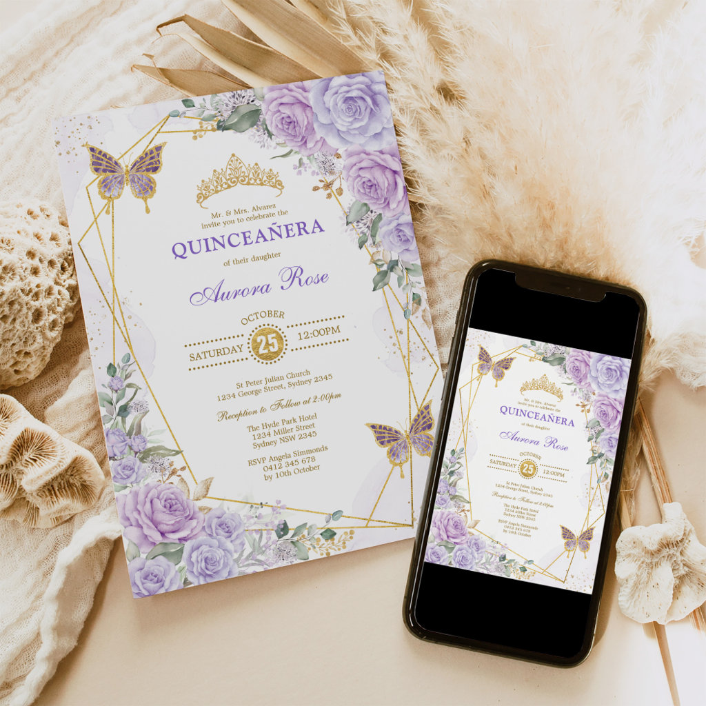 Purple Gold Quinceañera Butterfly Roses Mis Quince Invitation