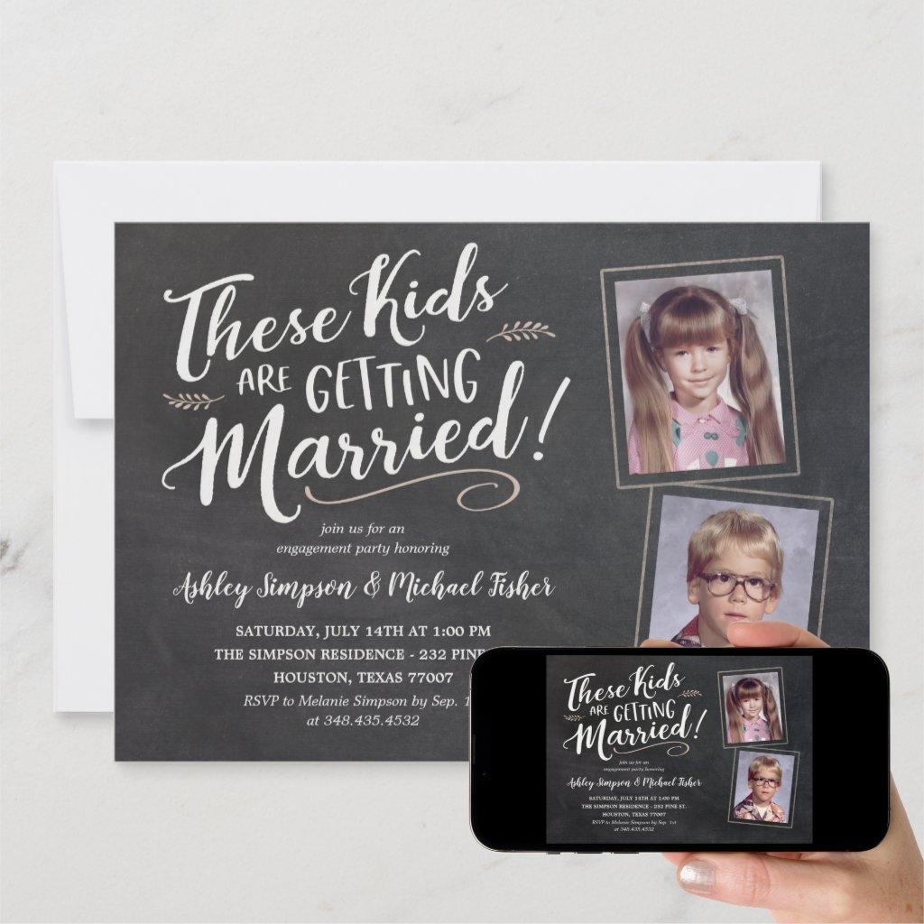 Old Kids Photos Engagement Party Hand Lettering Invitation