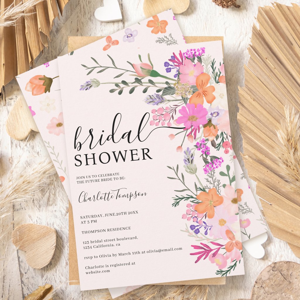 Romantic pastel wild flowers spring bridal shower invitation