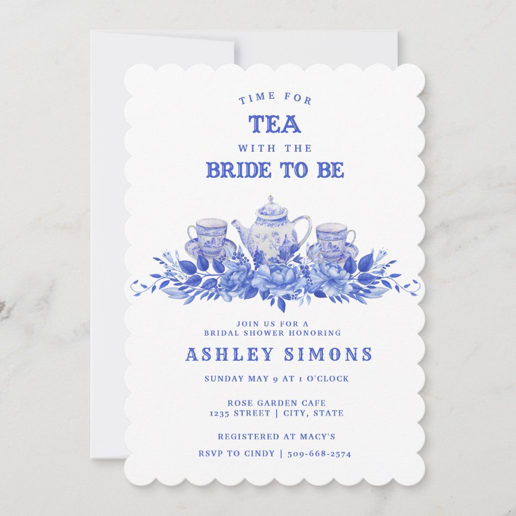 Blue and White Floral Bridal Shower | Tea Party Invitation