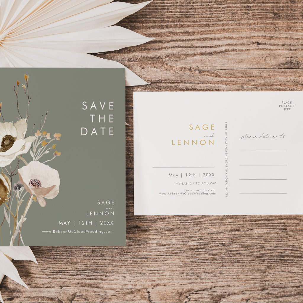 Whimsical Wildflower Sage Green Save the Date Invitation Postcard