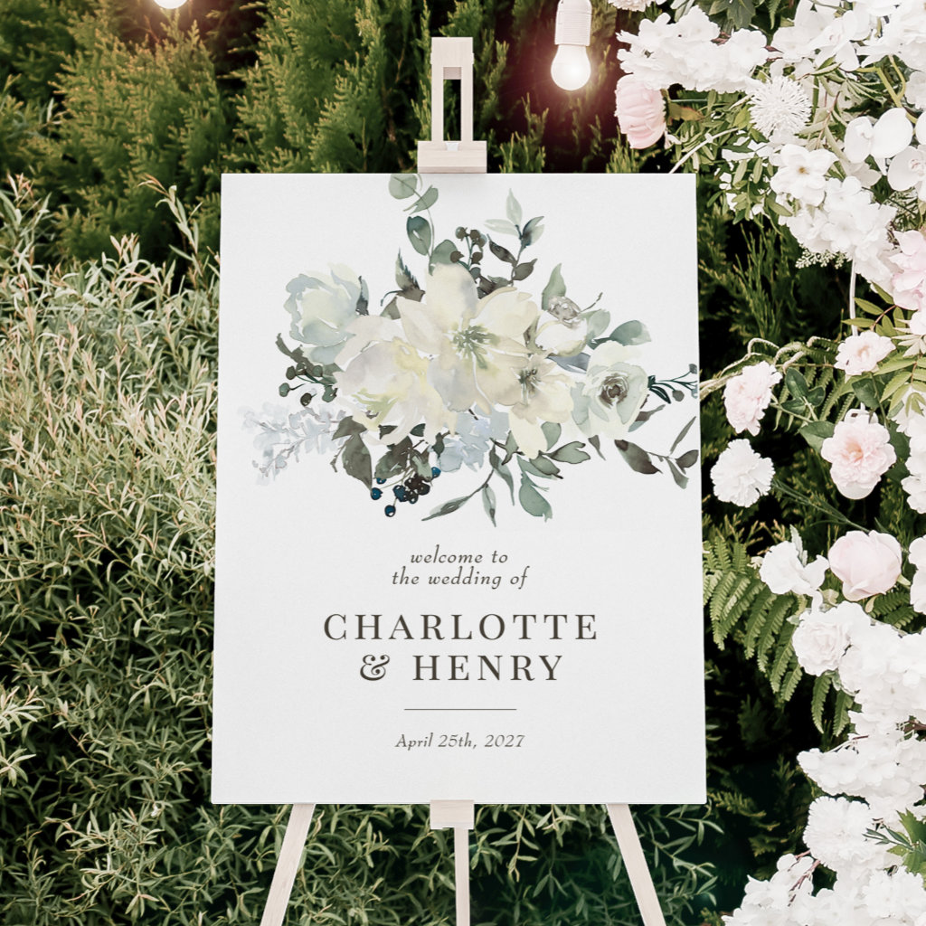 Ivory Greenery Floral Wedding Welcome Sign