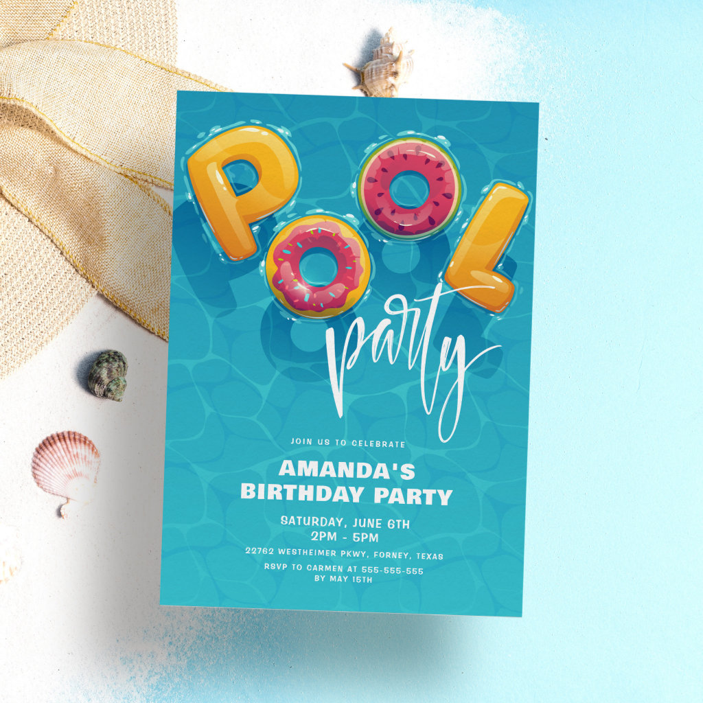Pool Party Trendy Pink & Turquoise Birthday Party Invitation