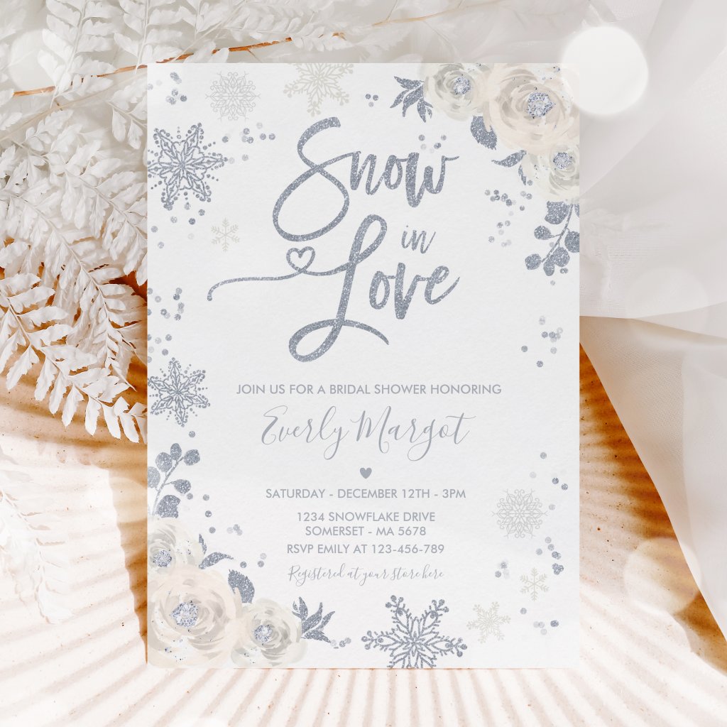 White & Silver Winter Bridal Shower Snow In Love Invitation