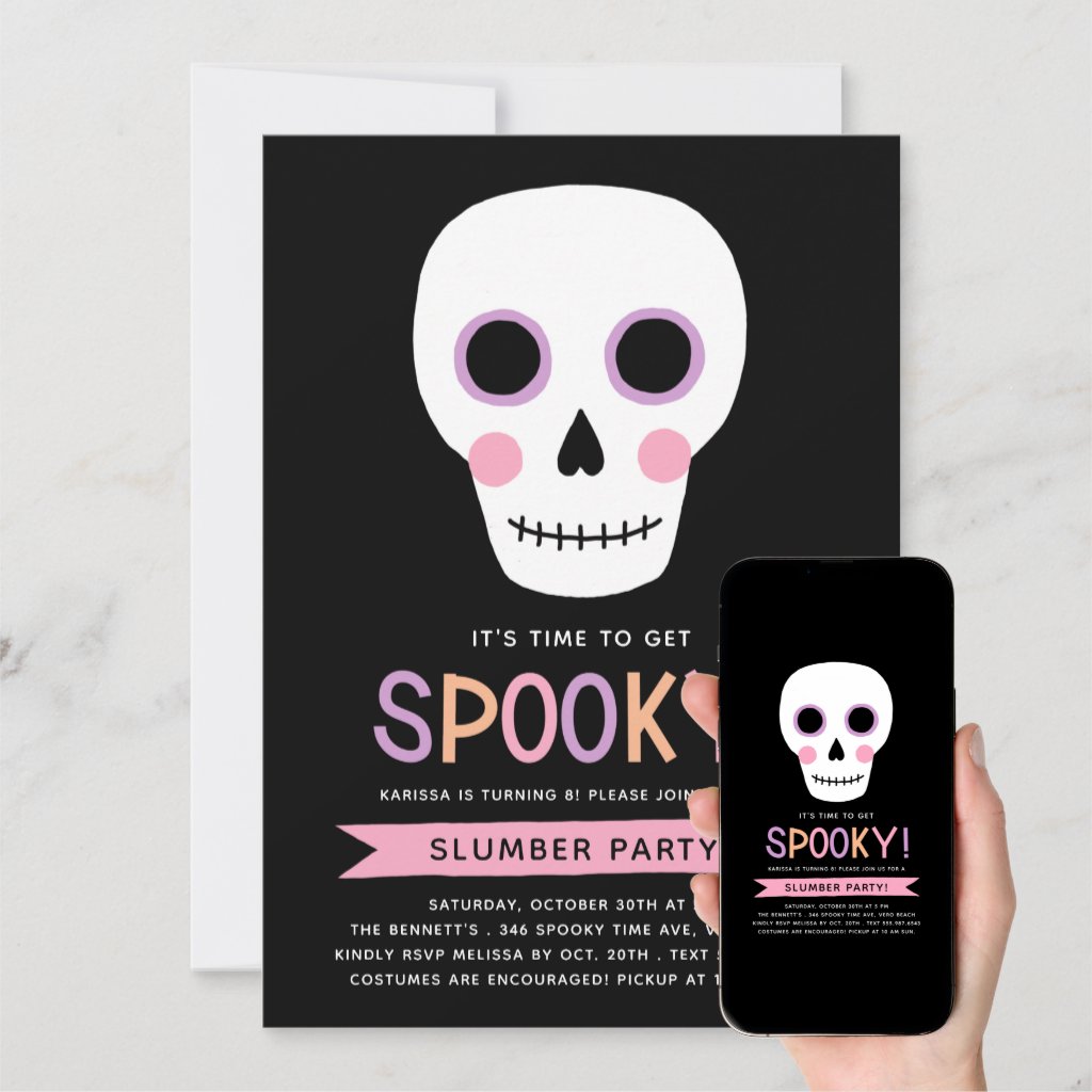 Cute Pastel Skull Halloween Birthday Slumber Party Invitation