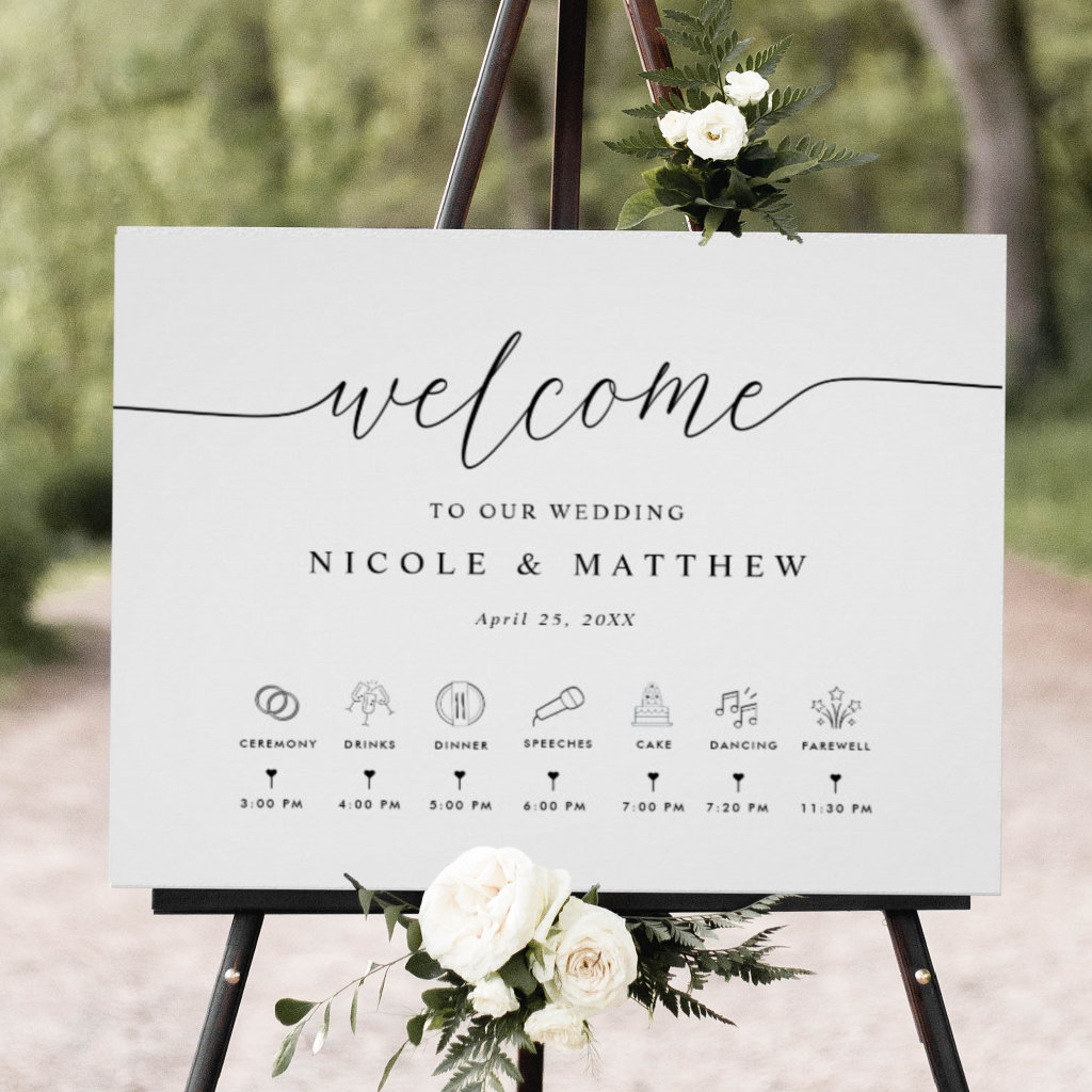 Elegant Wedding Welcome Sign with Timeline